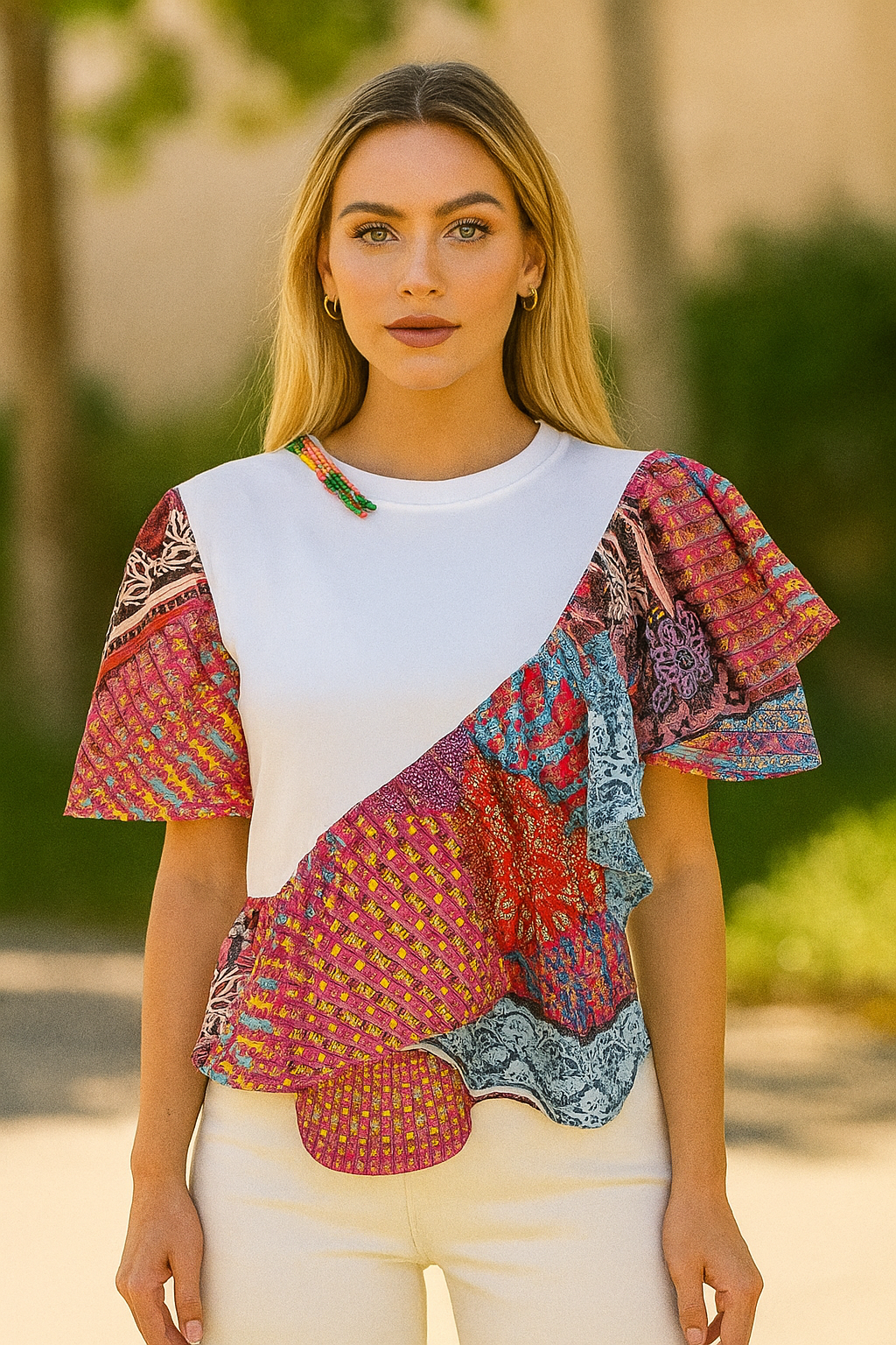 Boncuk İşlemeli Renkli Fırfır Detaylı Beyaz Bisiklet Yaka Oversize Tişört