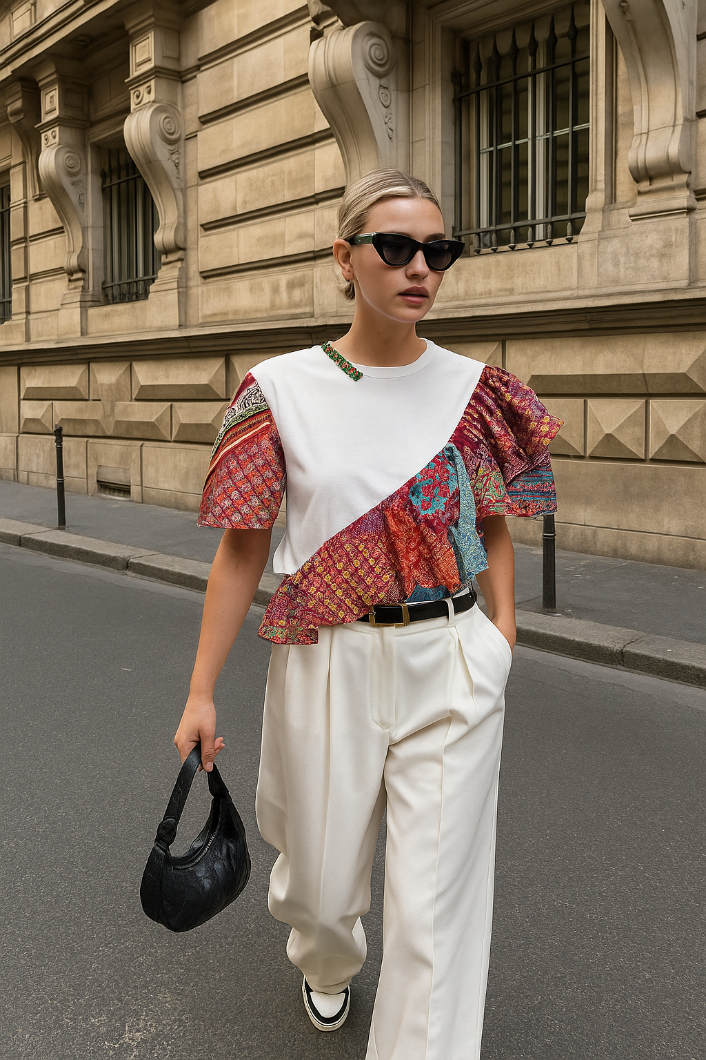 Boncuk İşlemeli Renkli Fırfır Detaylı Beyaz Bisiklet Yaka Oversize Tişört