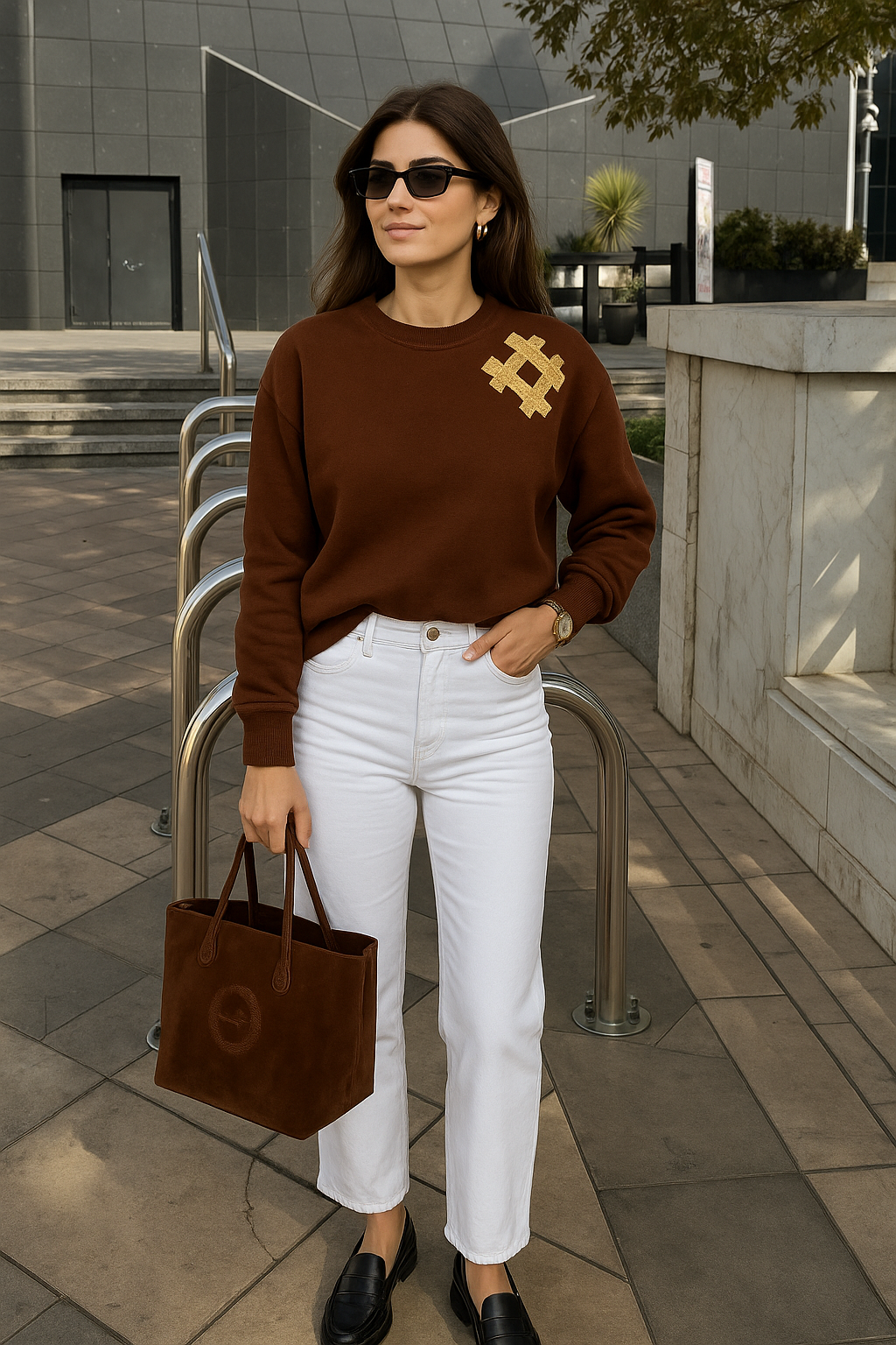 Gold Kare İşlemeli Kahverengi Renk Oversize Sweatshirt
