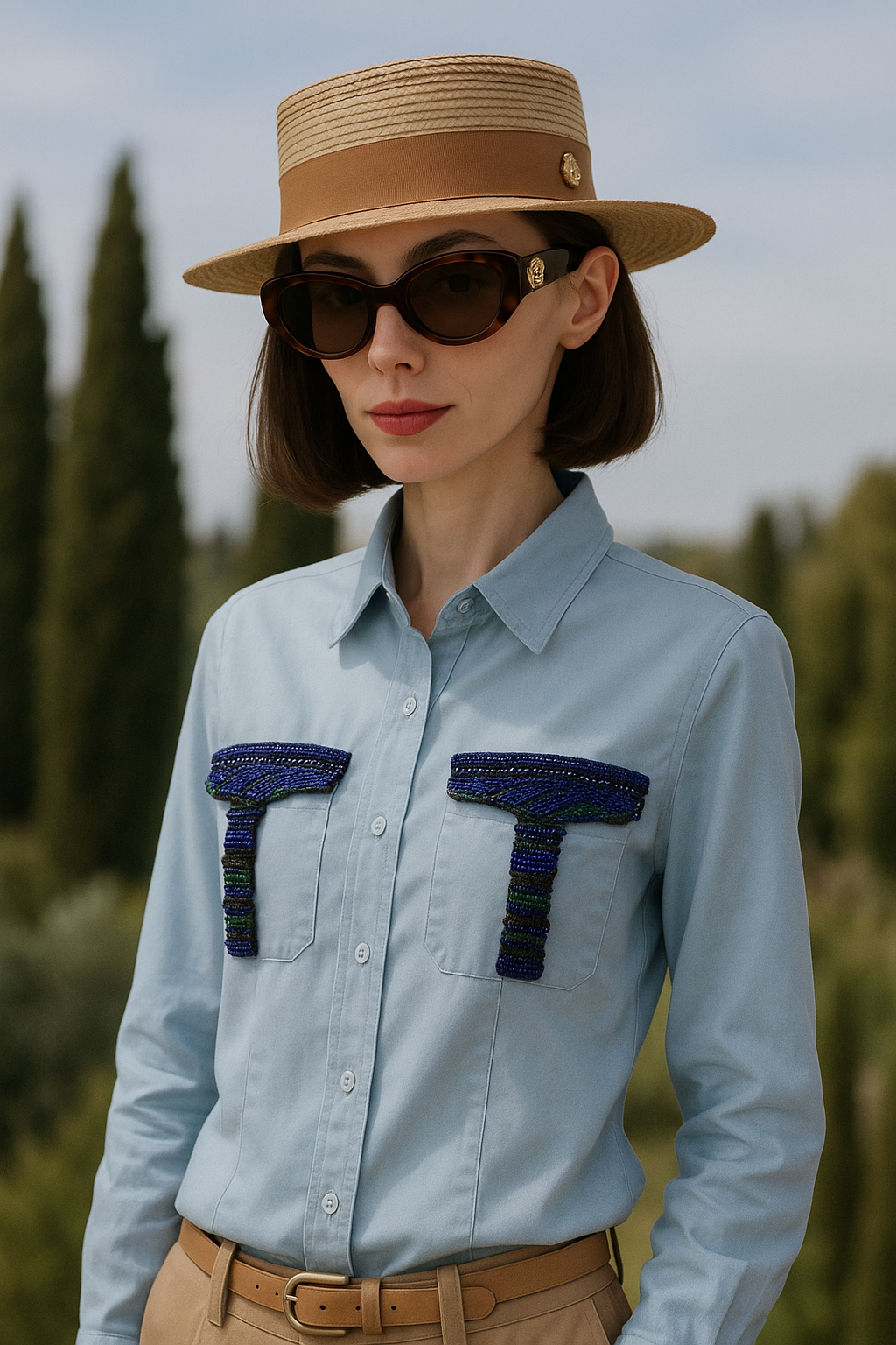 Cepleri Kristal Boncuk İşlemeli Mavi Gömlek