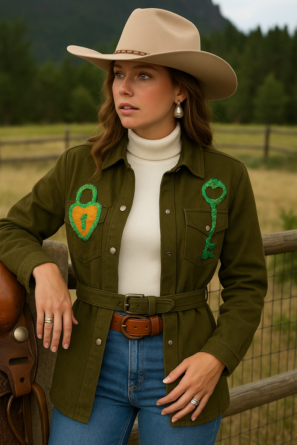 Deri Üzeri Kilit Figürlü Anahtar İşlemeli Yeşil Renk Jean Ceket