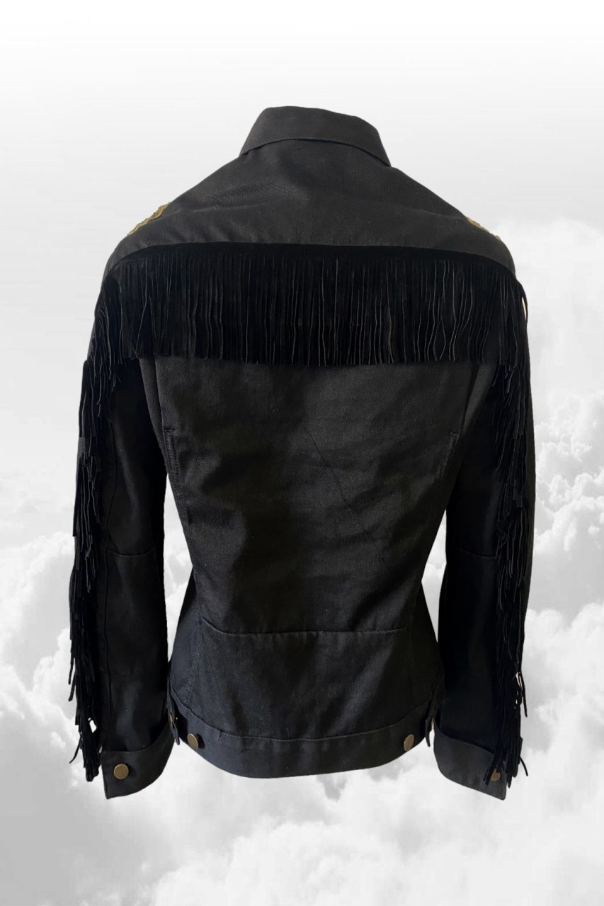 Omuzları Sırma Armalı Siyah Jean Ceket