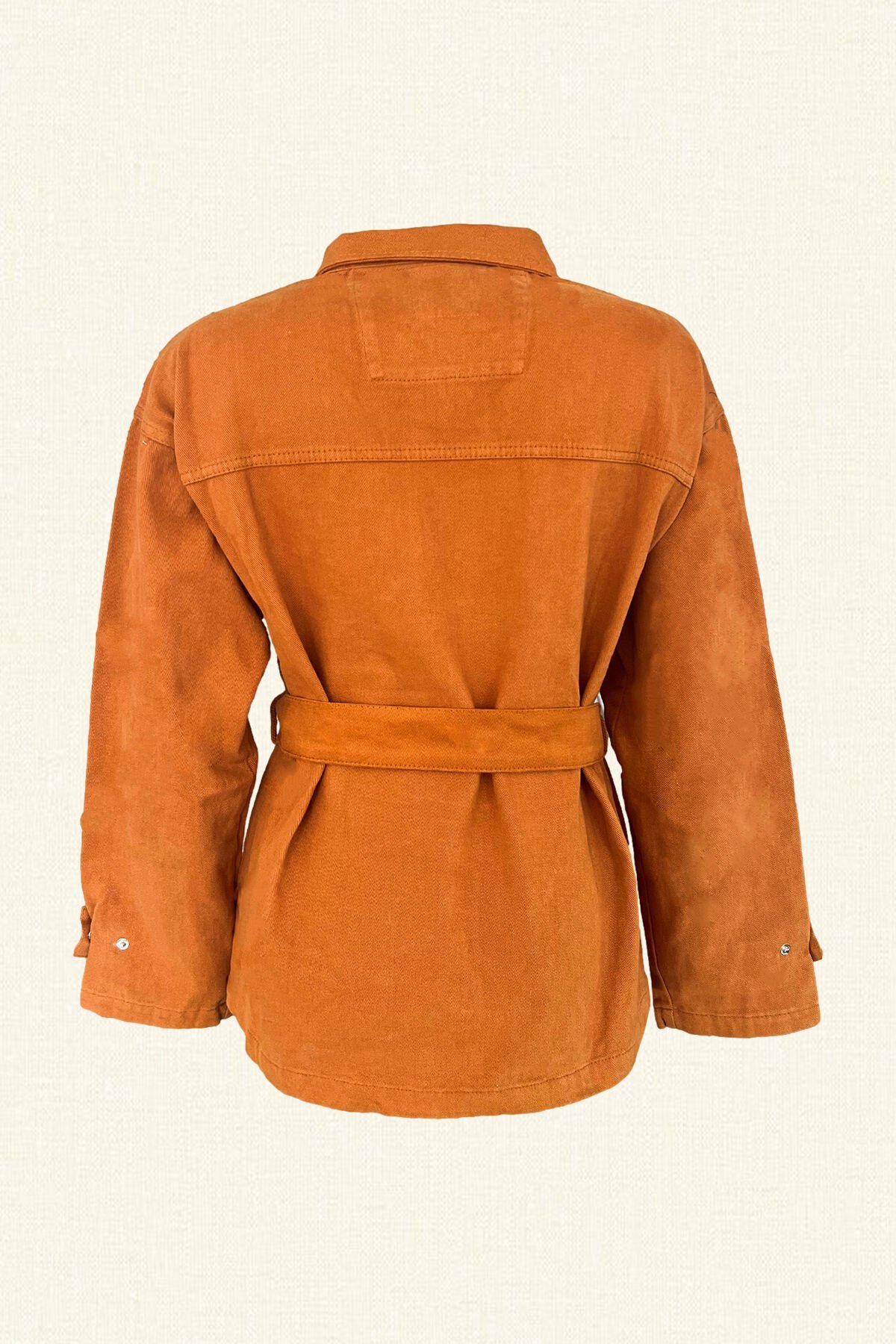 Deri Üzeri Kilit Figürlü Bakır Anahtar İşlemeli Kiremit Renk Jean Ceket