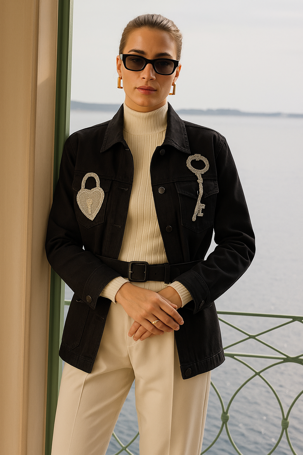 Deri Üzeri Kilit Figürlü Gümüş Anahtar İşlemeli Siyah Renk Jean Ceket