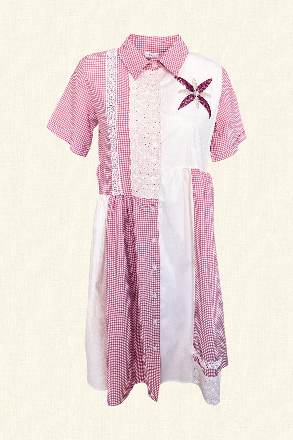 Boncuk İşlemeli Fisto Detaylı Oversize Pötikare Midi Boy Elbise