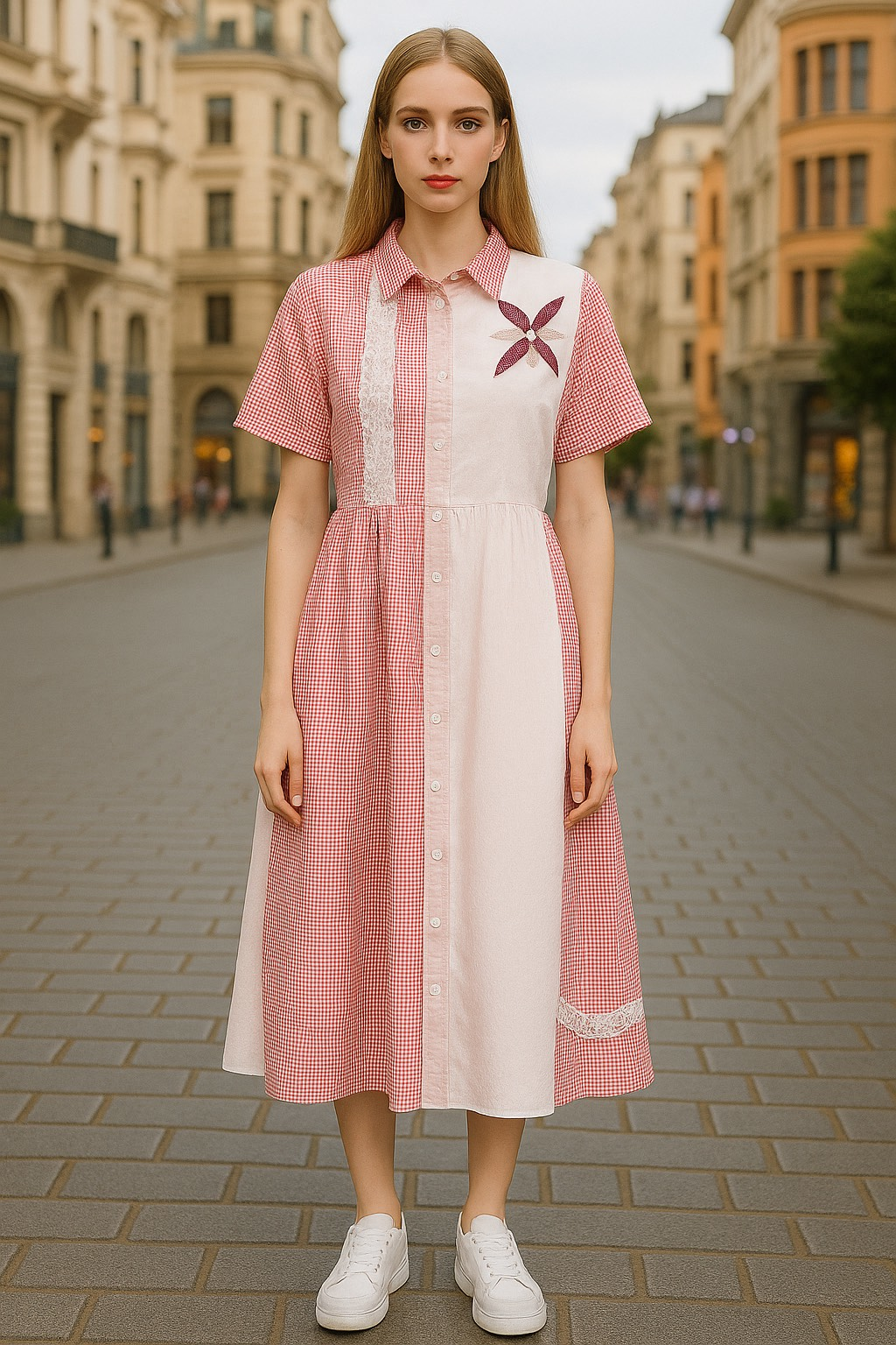 Boncuk İşlemeli Fisto Detaylı Oversize Pötikare Midi Boy Elbise