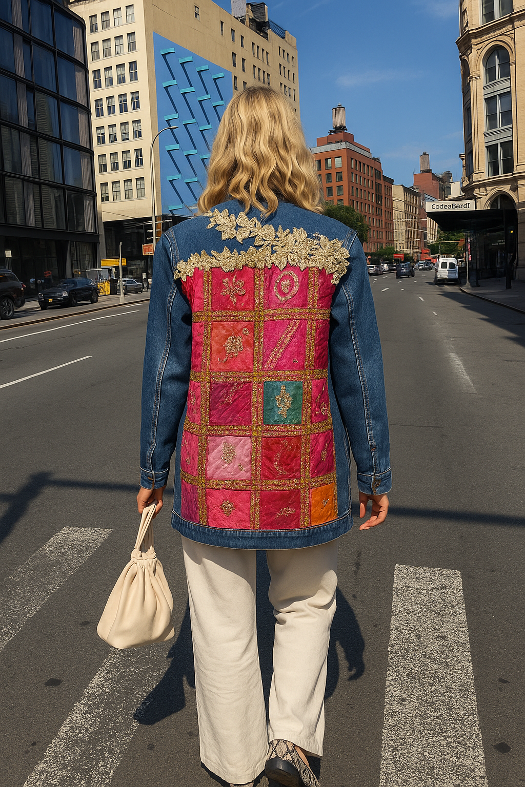 Sırtı Pembe Kumaş Üzeri Hint Desenli Koyu Renk Uzun Jean Ceket