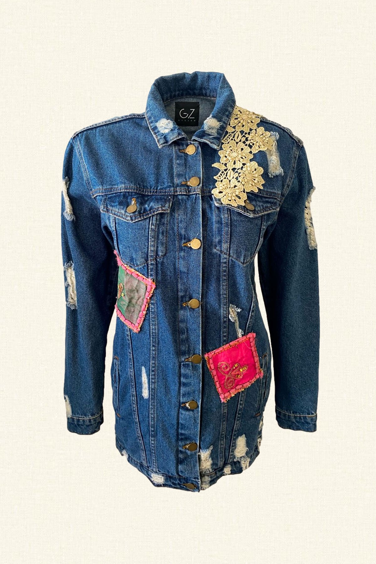 Sırtı Pembe Kumaş Üzeri Hint Desenli Koyu Renk Uzun Jean Ceket