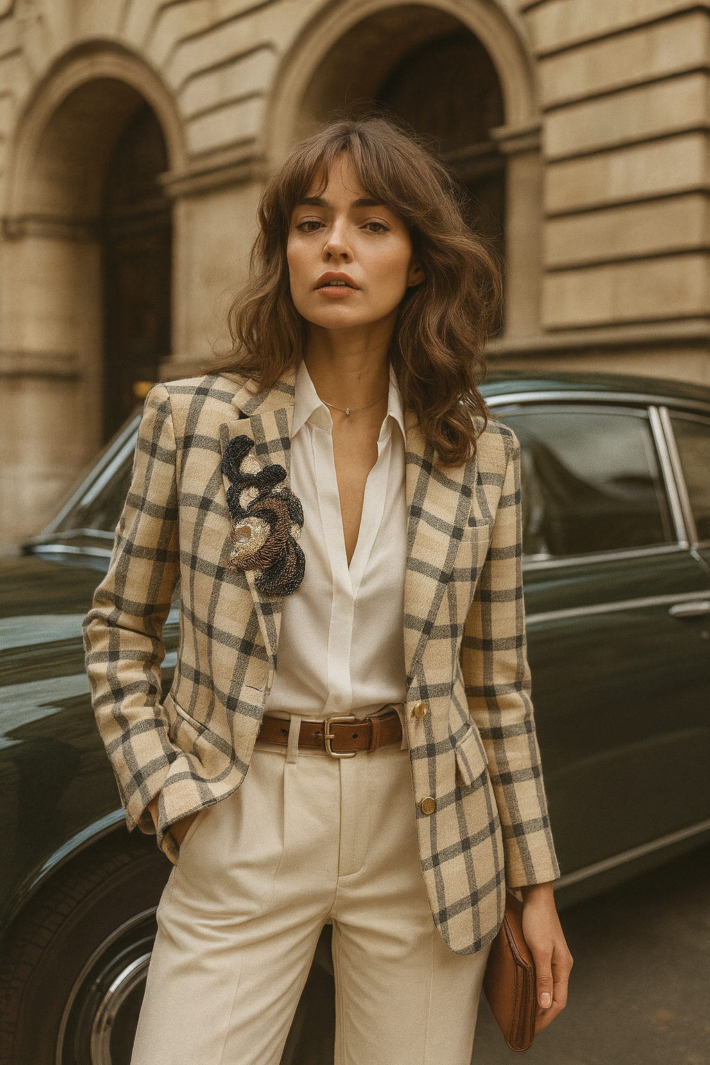 Boncuk İşlemeli Camel Ekose Blazer Ceket