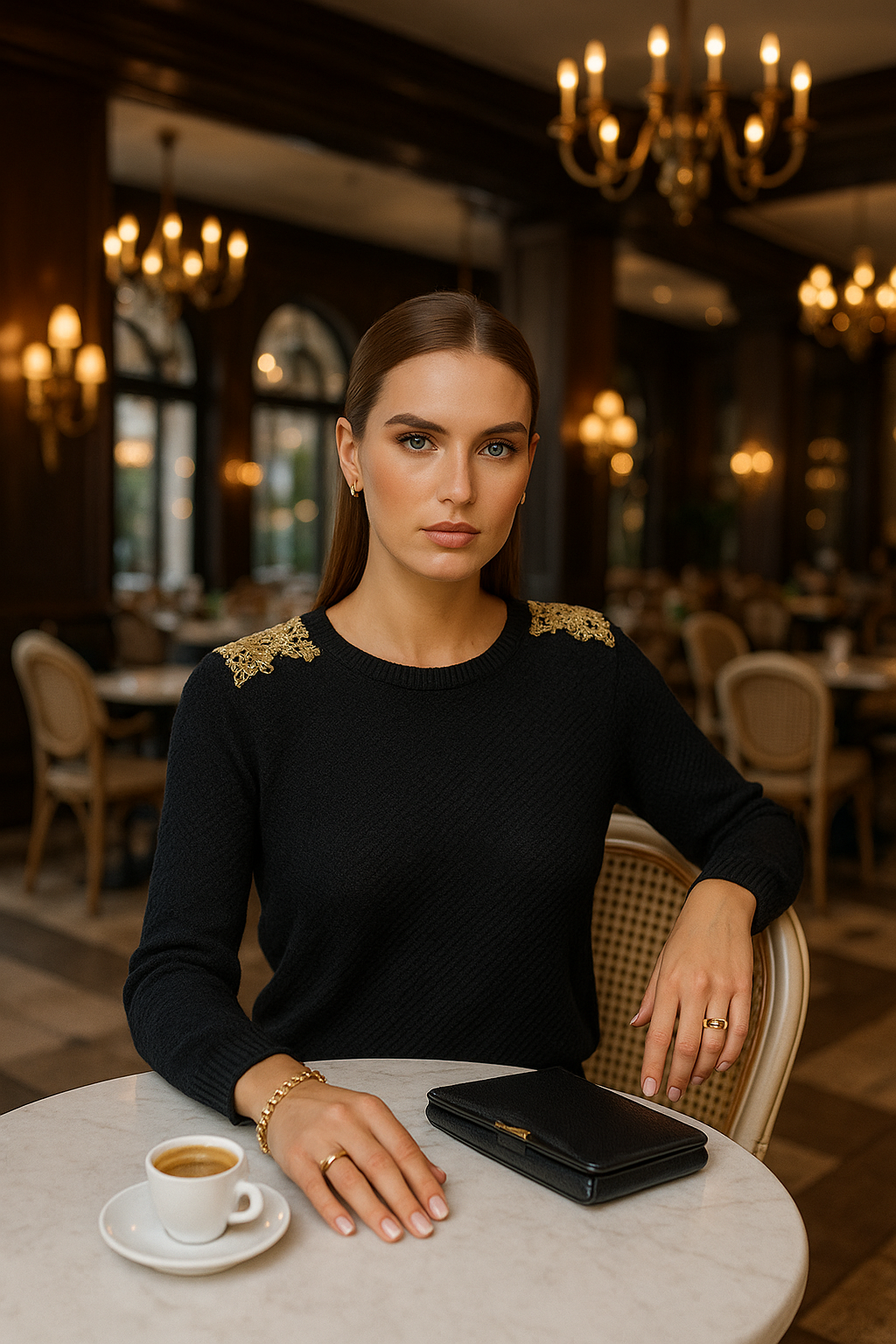 Omuzları Gold İşlemeli Siyah Renk Triko Kazak