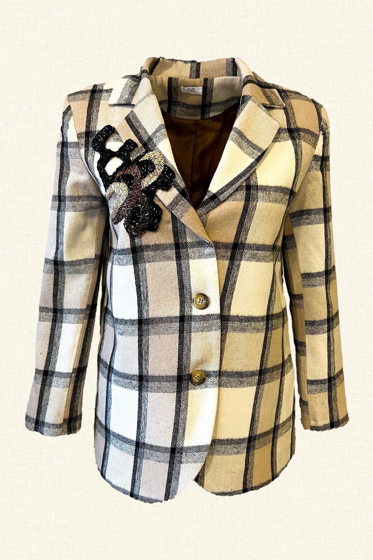 Boncuk İşlemeli Camel Ekose Blazer Ceket