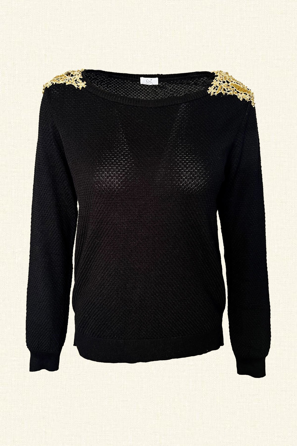 Omuzları Gold İşlemeli Siyah Renk Triko Kazak