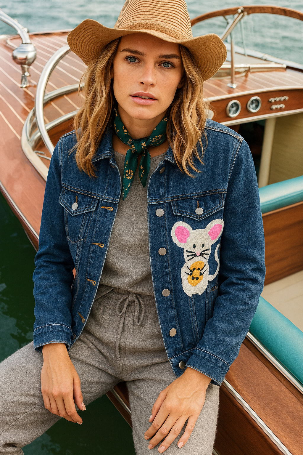 Fare İşlemeli Koyu Renk Jean Ceket