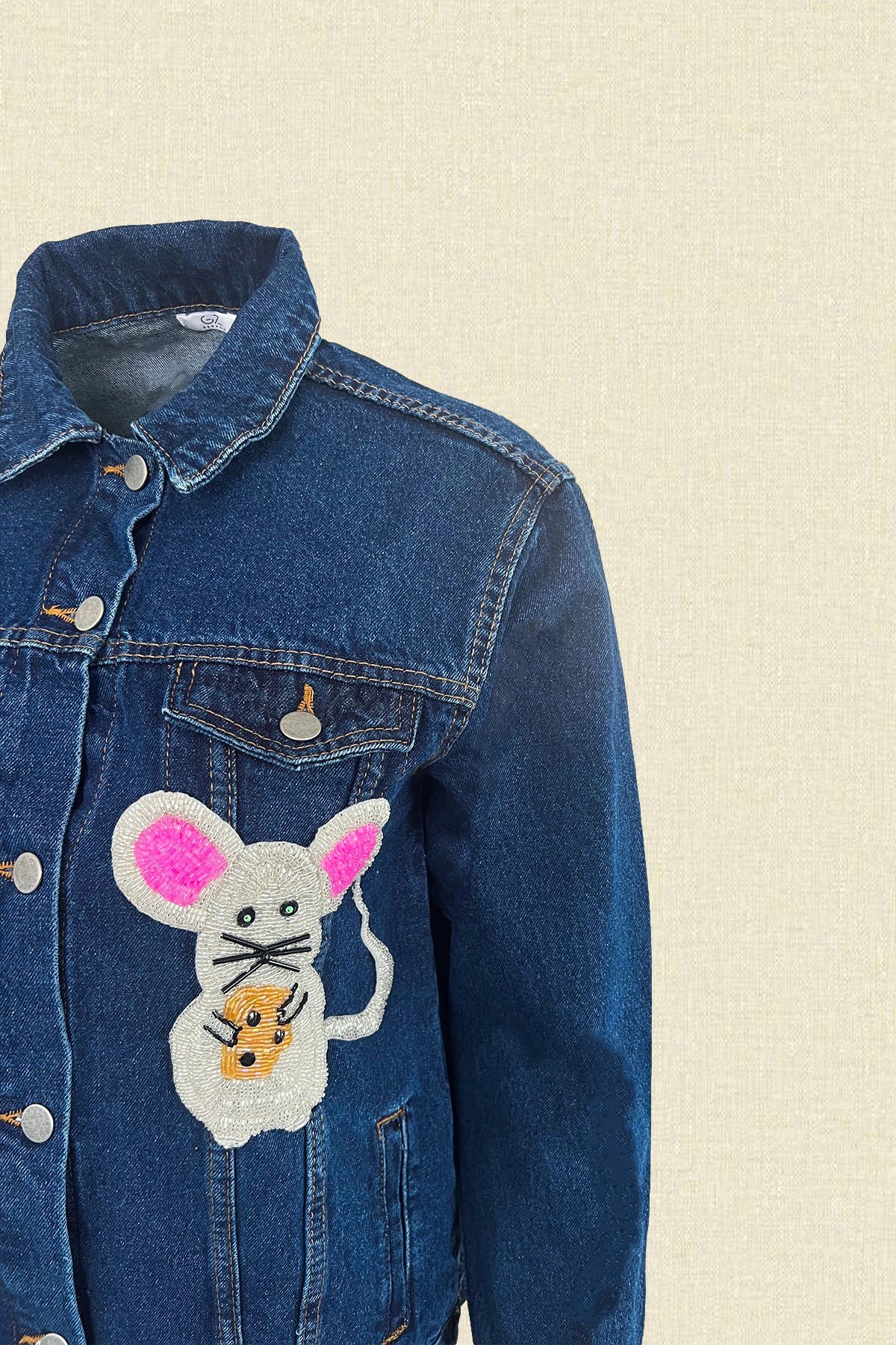 Fare İşlemeli Koyu Renk Jean Ceket