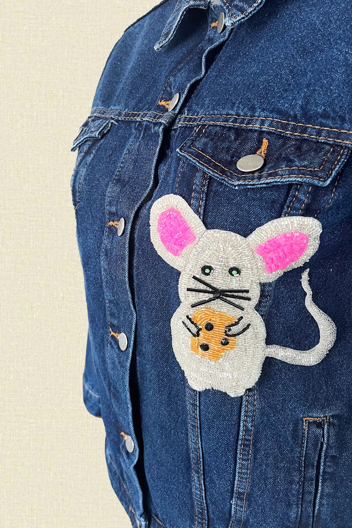 Fare İşlemeli Koyu Renk Jean Ceket