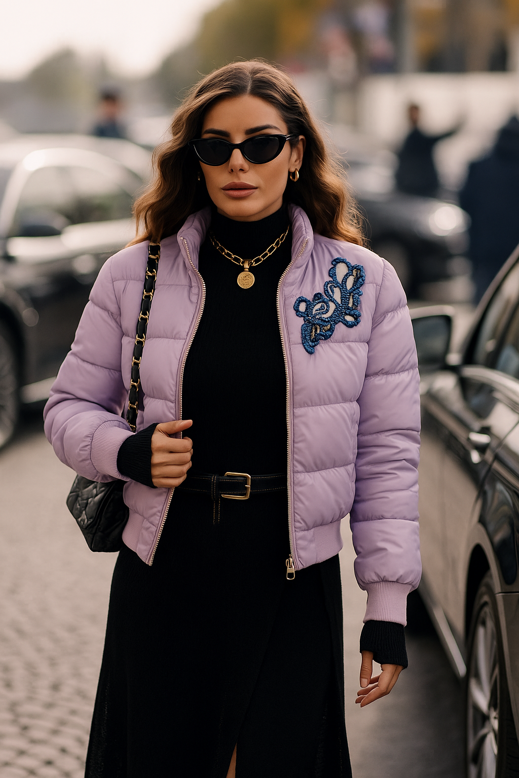 Deri Üzeri Boncuk İşlemeli Lila Renk Şişme Mont