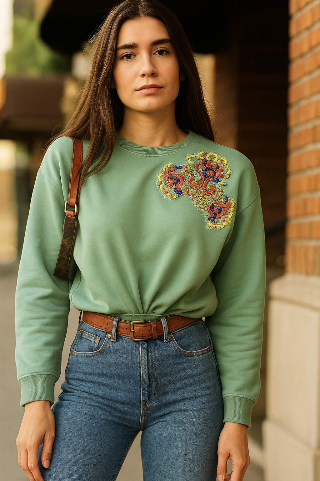 Renkli İşlemeli Mint Yeşili Sweatshirt