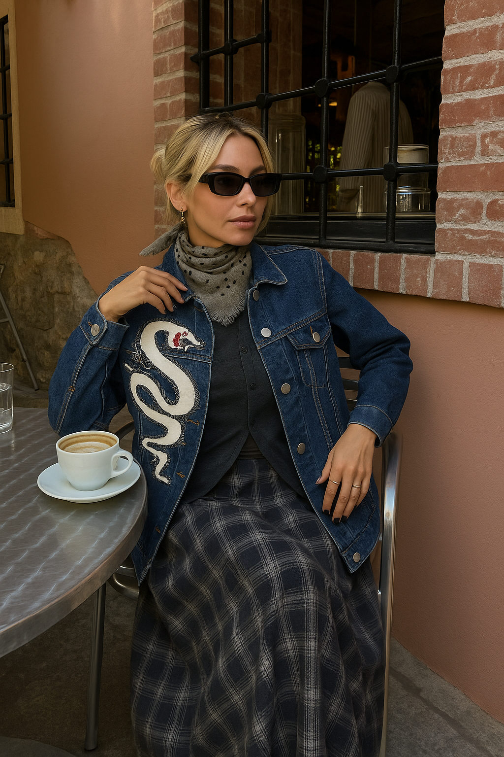 Gri Deri Üzeri Boncuk İşlemeli Ejderha Figürlü Koyu Renk Jean Ceket