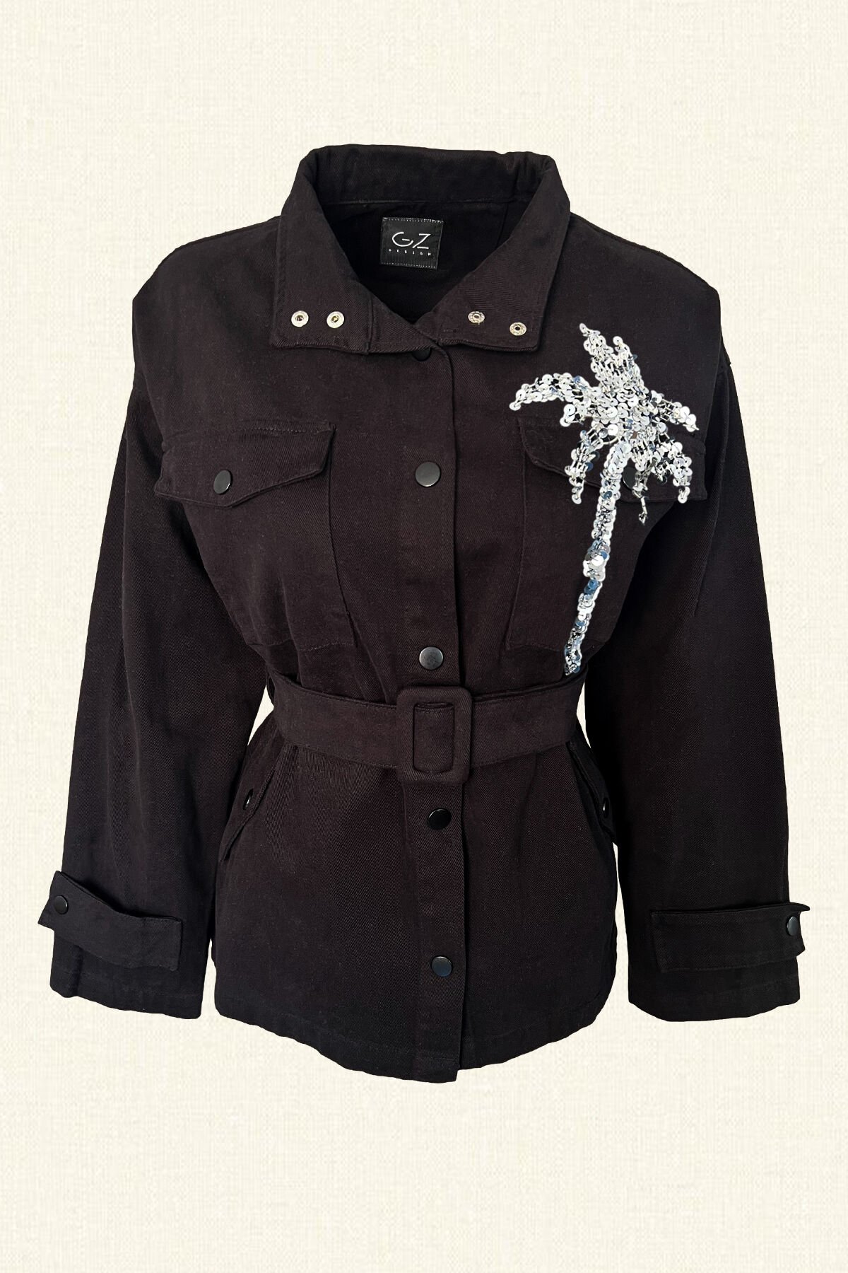 Gümüş Palmiye İşlemeli Siyah Jean Ceket