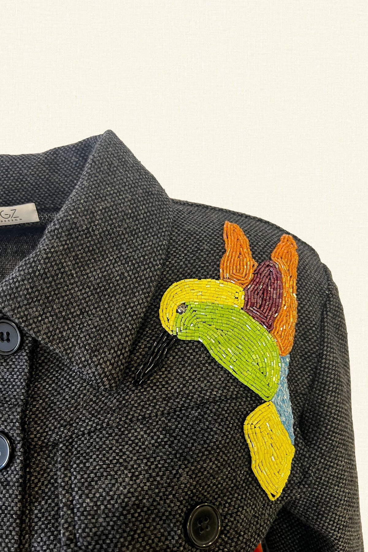 Renkli Kuş İşlemeli Antrasit Biker Ceket