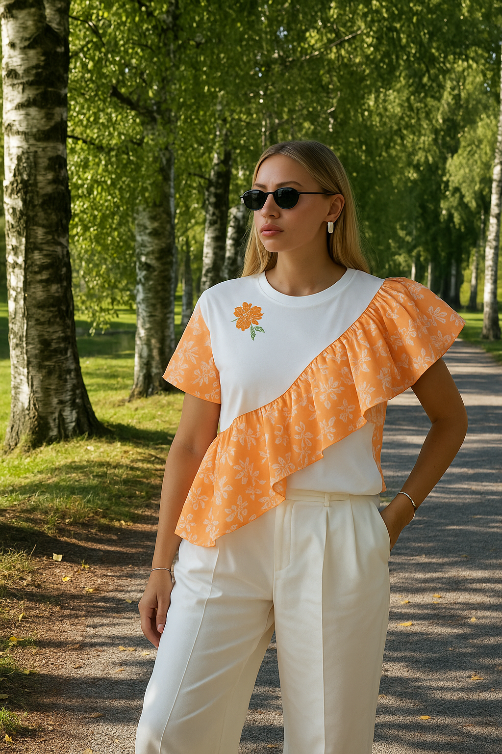 Çiçek İşlemeli Turuncu Fırfır Detaylı Oversize Bisiklet Yaka Beyaz Tişört