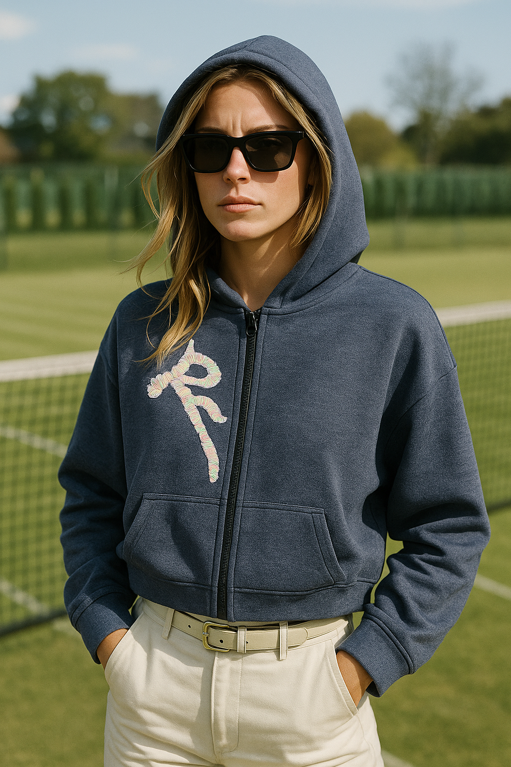 Beyaz İşlemeli Mavi Kapüşonlu Oversize Sweatshirt