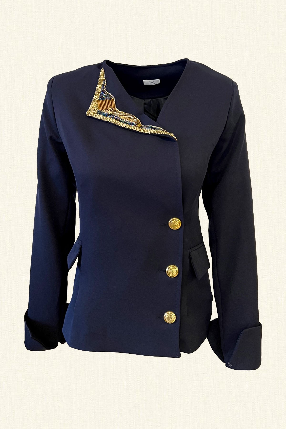 Yakası Gold İşlemeli Lacivert Blazer Ceket