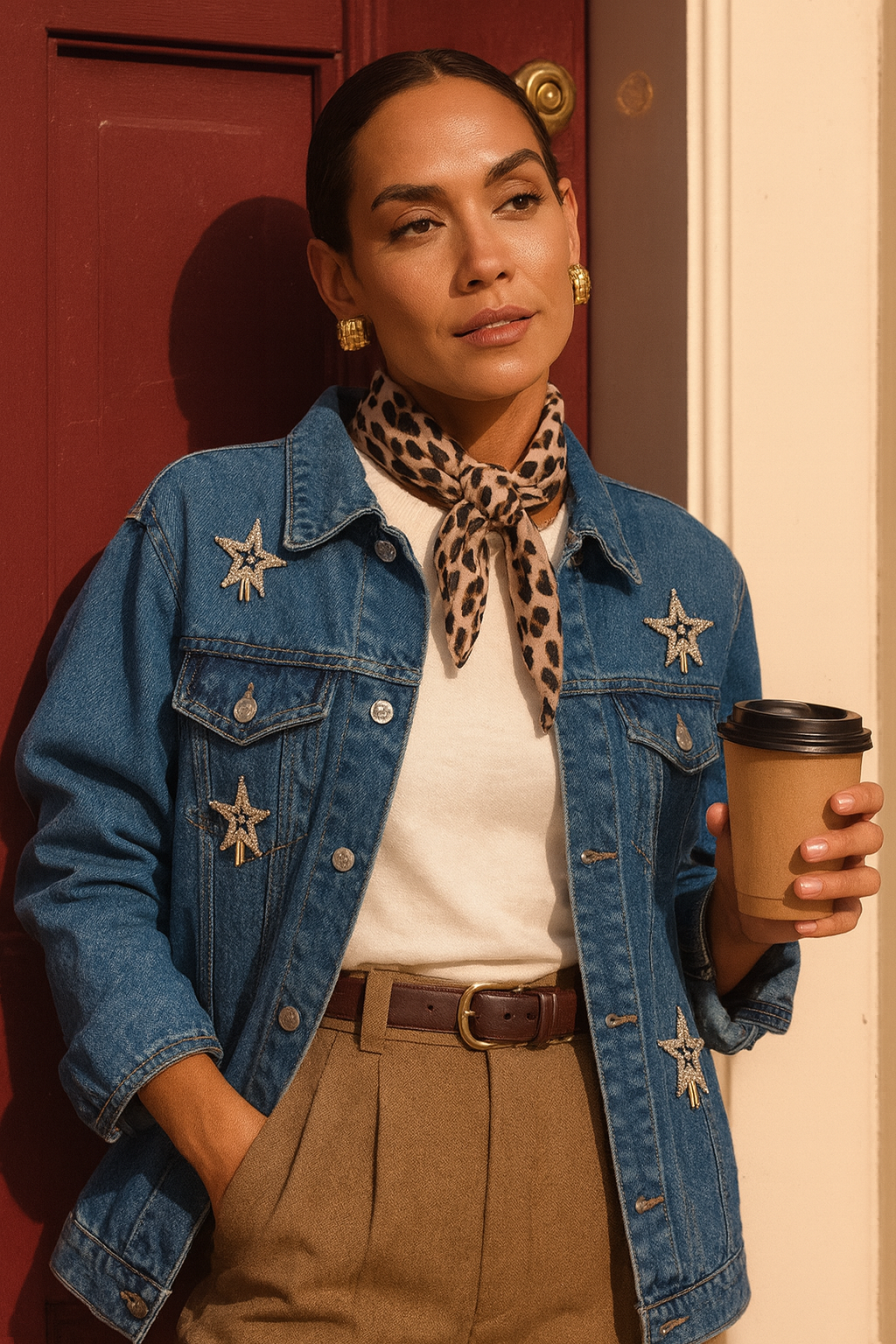 Yıldız İşlemeli Koyu Renk Jean Ceket