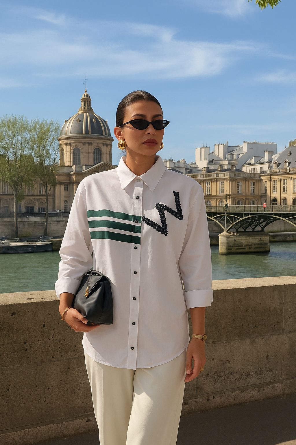 Boncuk İşlemeli Yeşil Çizgi Detaylı Beyaz Oversize Gömlek