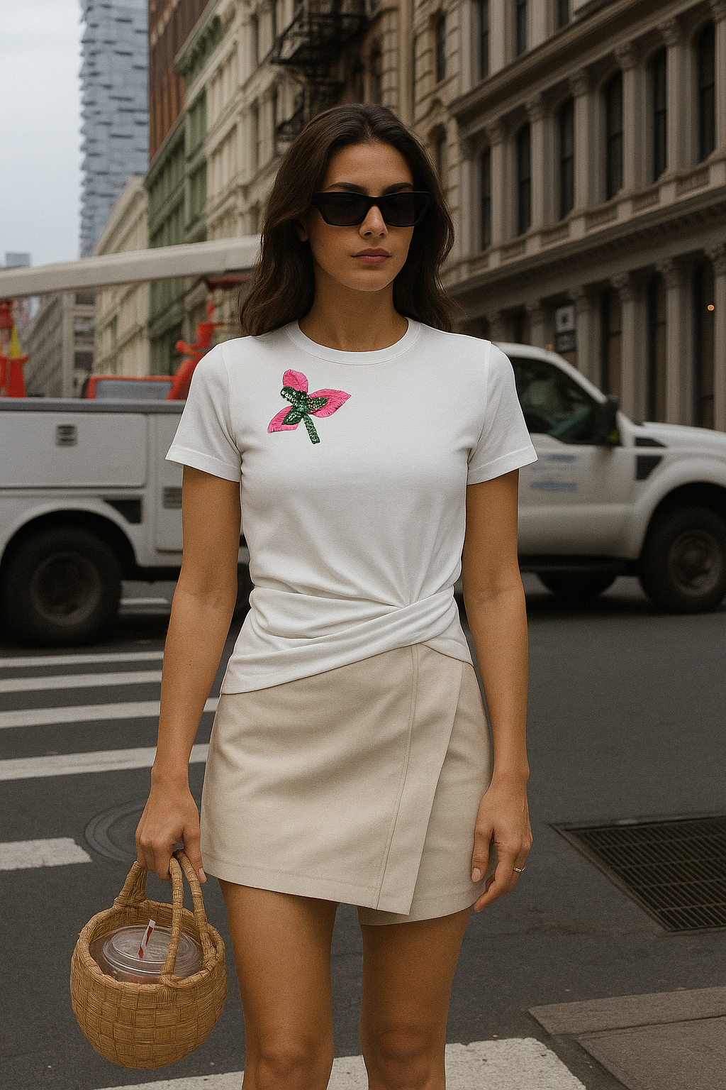 Pembe Çiçek İşlemeli Bağlama Detaylı Beyaz Bluz