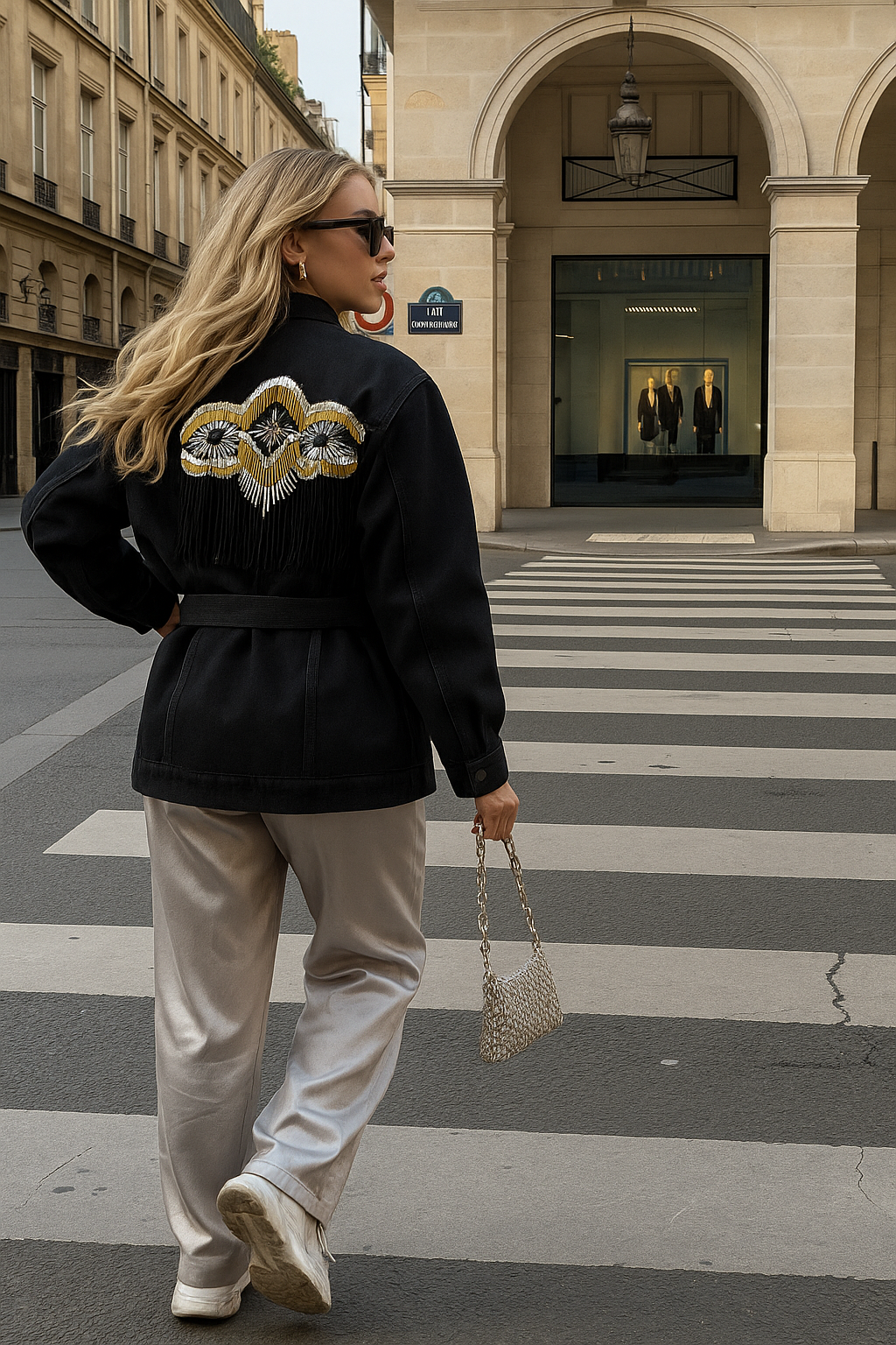 Sırtı Taşlı Püsküllü Siyah Jean Ceket