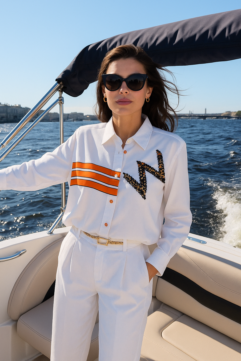 Boncuk İşlemeli Turuncu Çizgi Detaylı Beyaz Oversize Gömlek