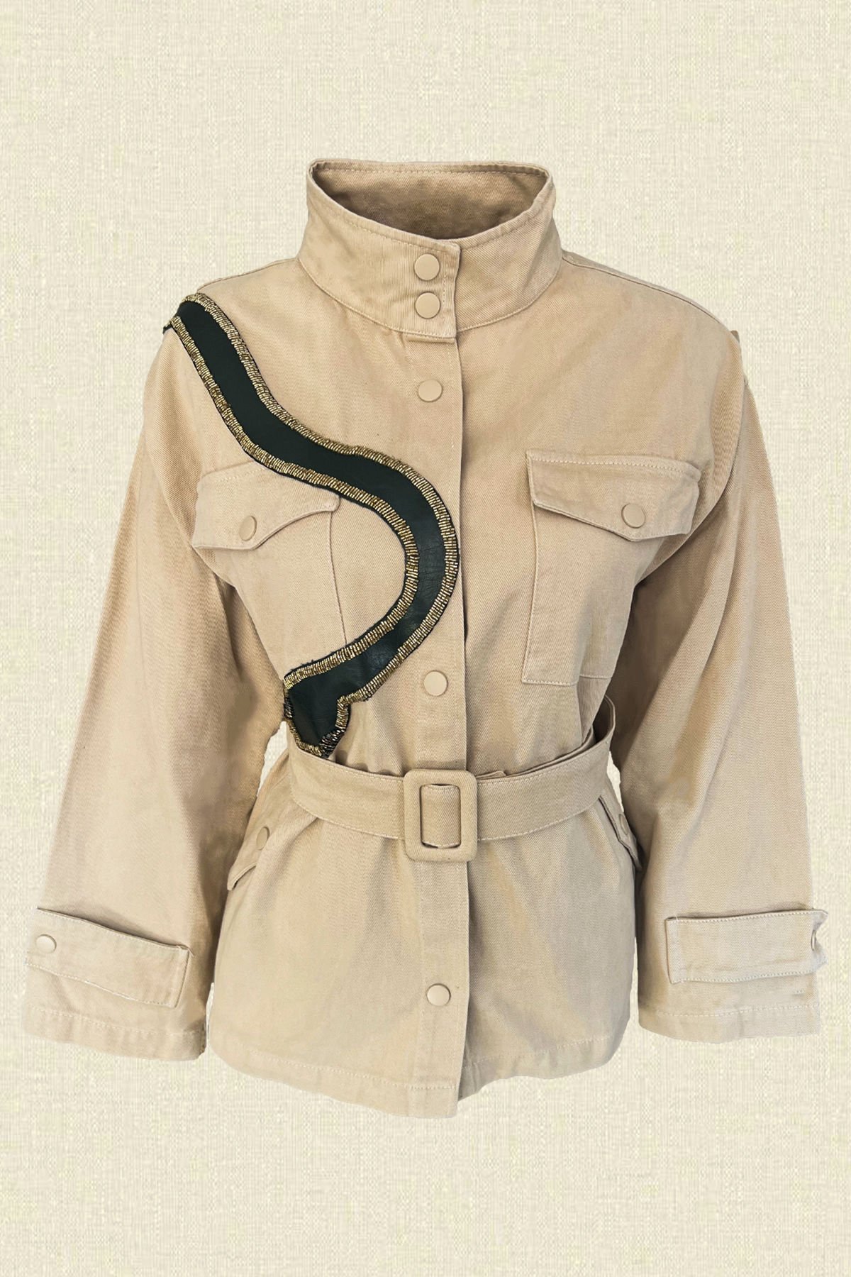 Deri Üzeri Boncuk İşlemeli Yılan Figürlü Krem Renk Jean Ceket