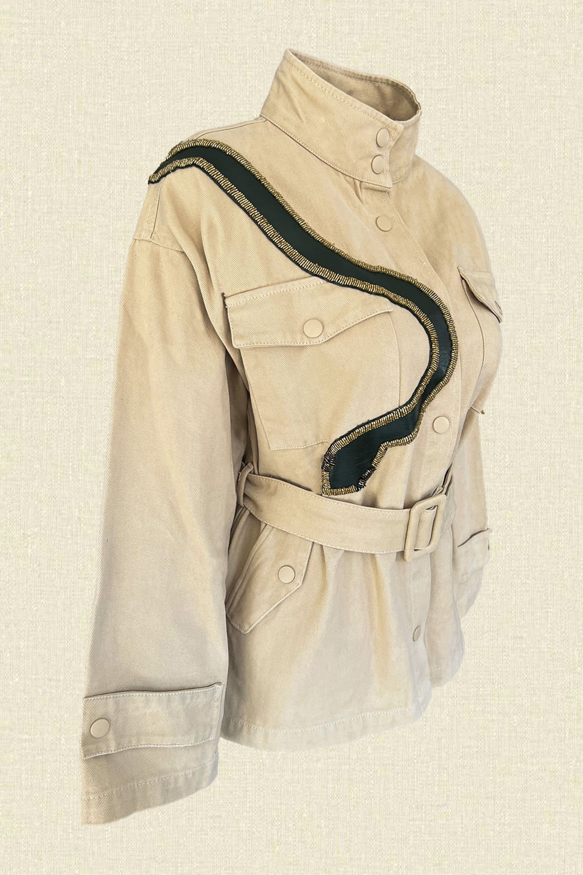 Deri Üzeri Boncuk İşlemeli Yılan Figürlü Krem Renk Jean Ceket