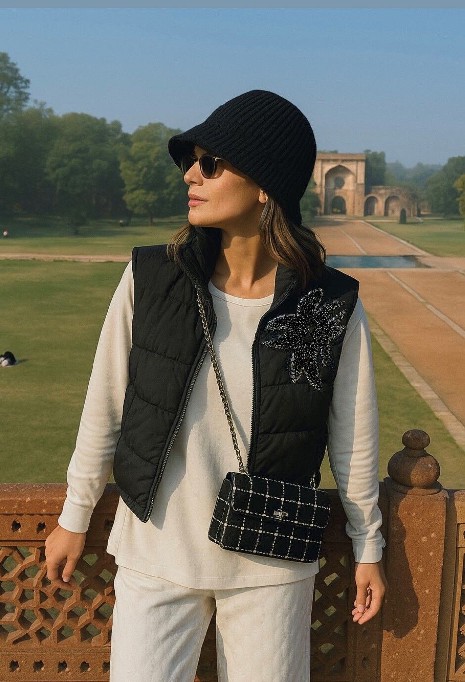 Boncuk İşlemeli Siyah Bomber Şişme Yelek