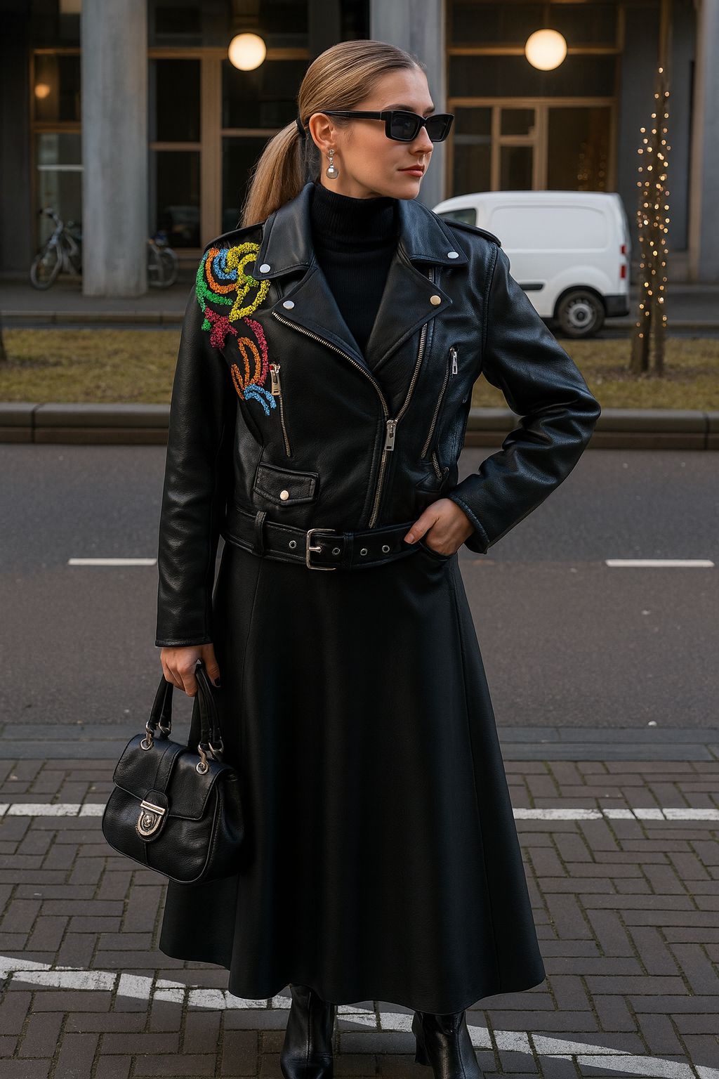 Renkli Boncuk İşlemeli Biker Siyah Deri Ceket
