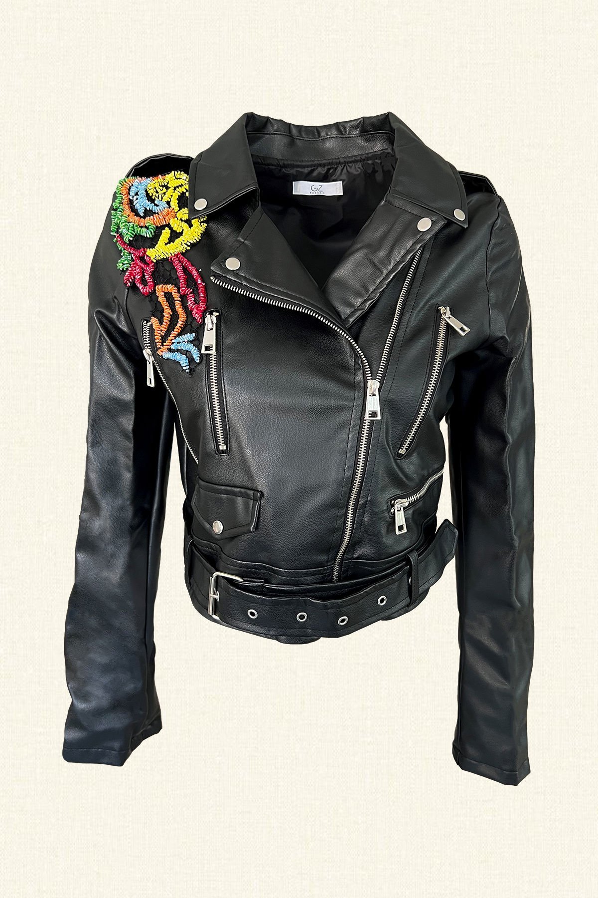 Renkli Boncuk İşlemeli Biker Siyah Deri Ceket