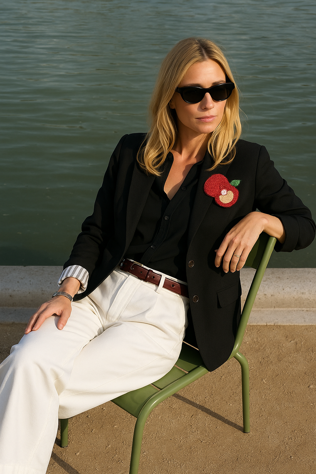 Elma İşlemeli Kolları Çizgili Siyah Renk Keten Blazer Ceket