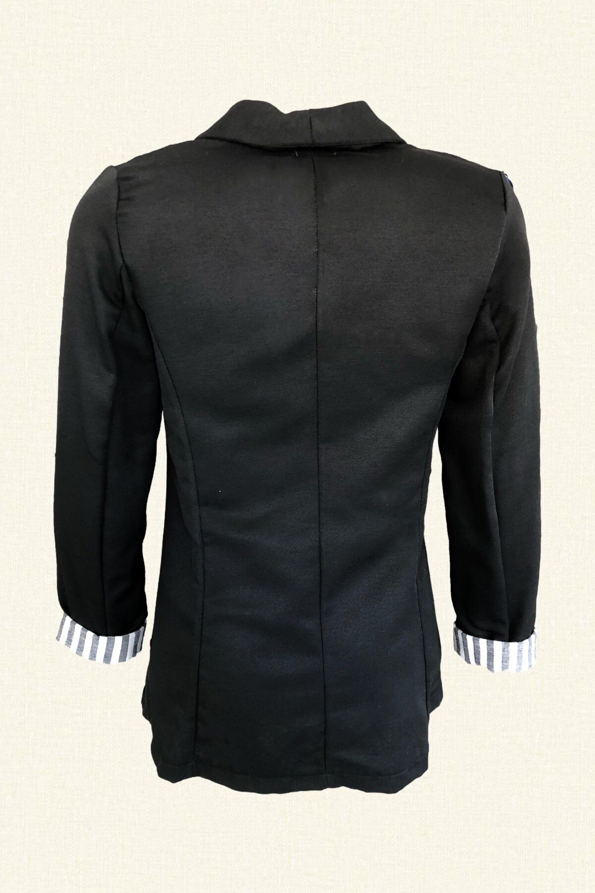 Elma İşlemeli Kolları Çizgili Siyah Renk Keten Blazer Ceket