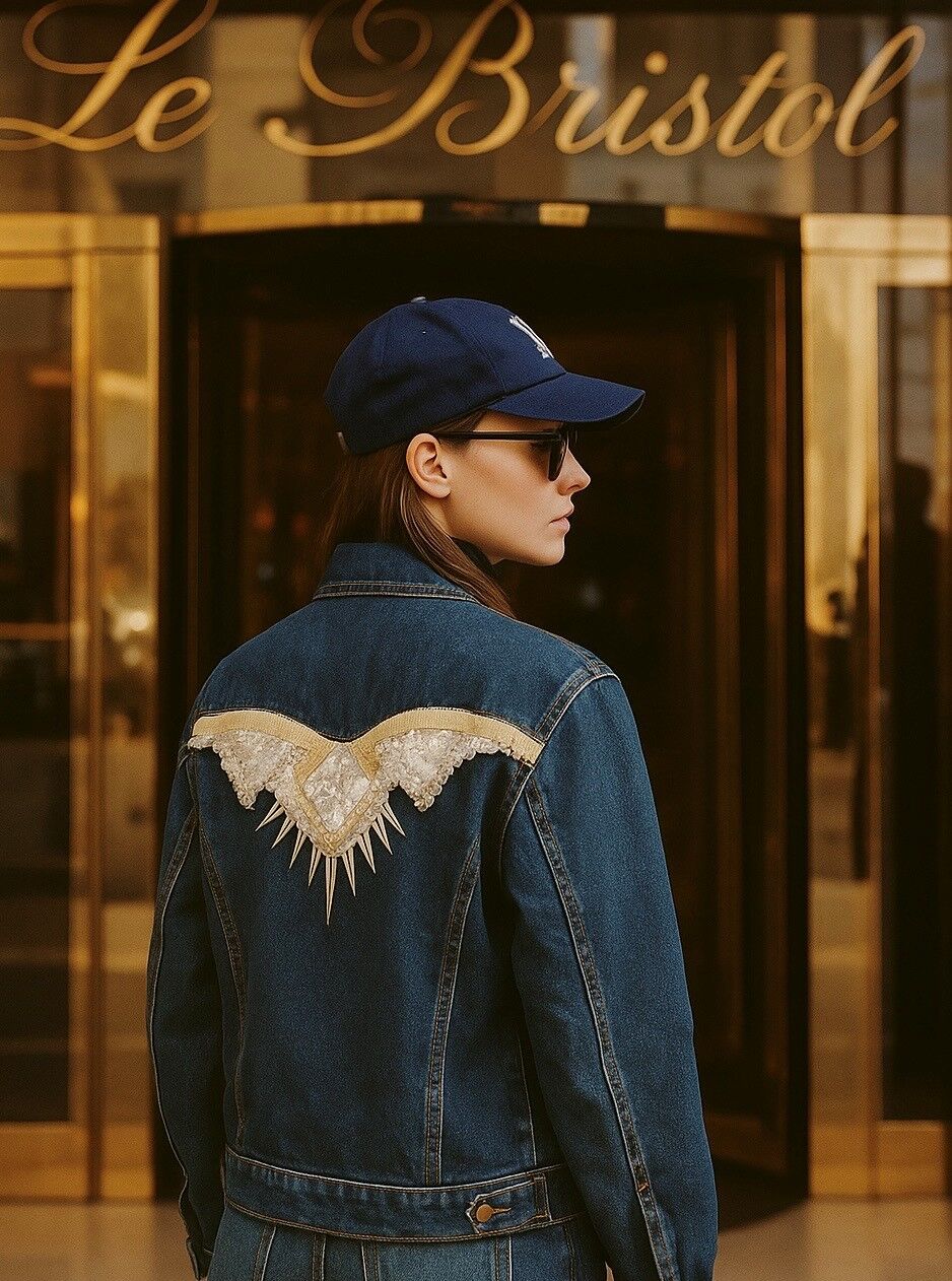 Gümüş Kanat İşlemeli Koyu Renk Jean Ceket