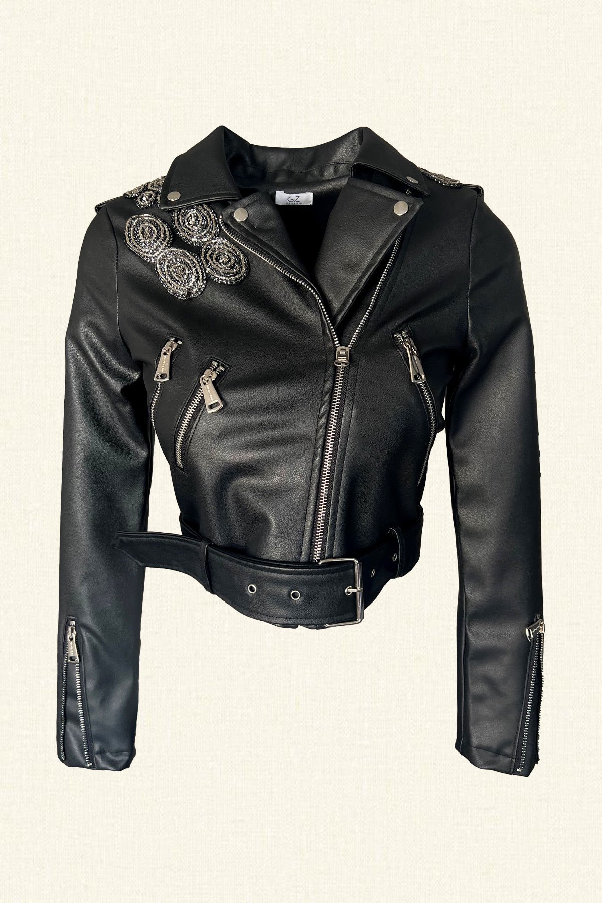 Gümüş İşlemeli Biker Deri Ceket