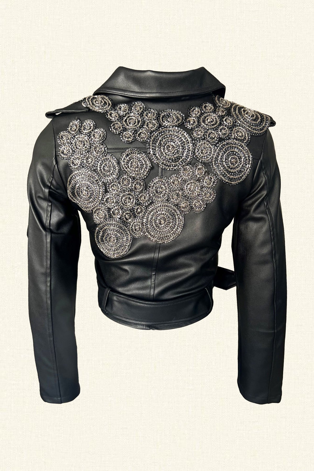 Gümüş İşlemeli Biker Deri Ceket
