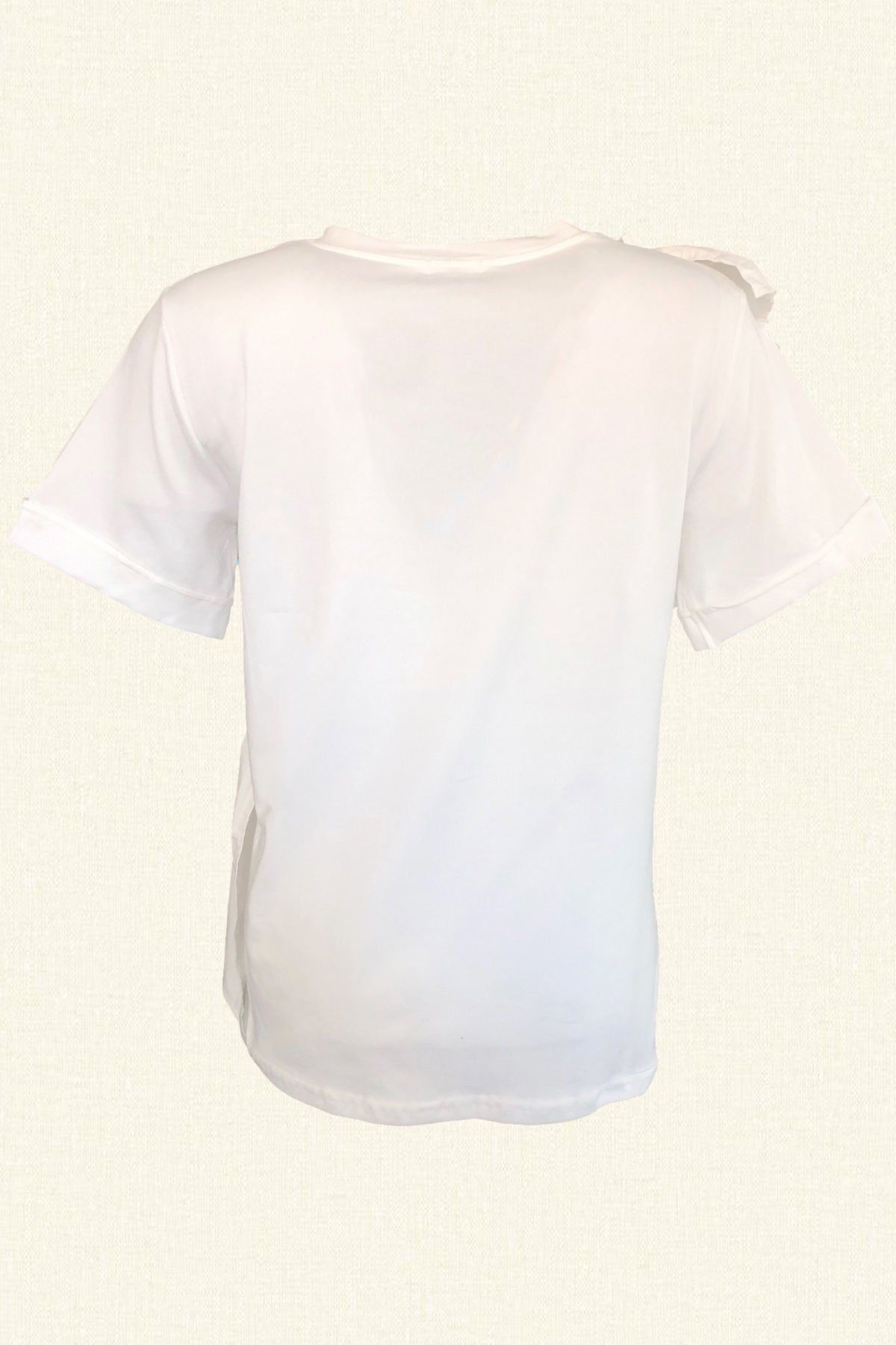 Lila Renk İşlemeli Fırfır Detaylı Beyaz Bisiklet Yaka Oversize Tişört