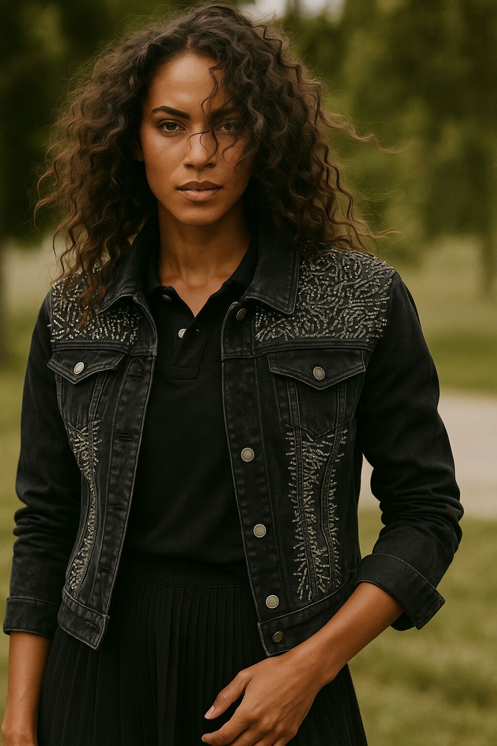 Füme Renk Diken Boncuklu Jean Ceket