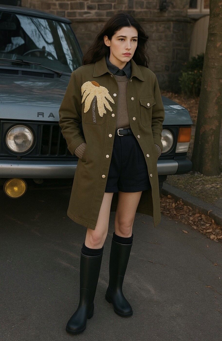 Papatya İşlemeli İnci Detaylı Uzun Yeşil Jean Ceket