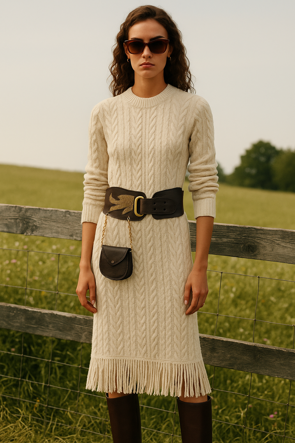 Gold İşlemeli Kahverengi Deri Kemer