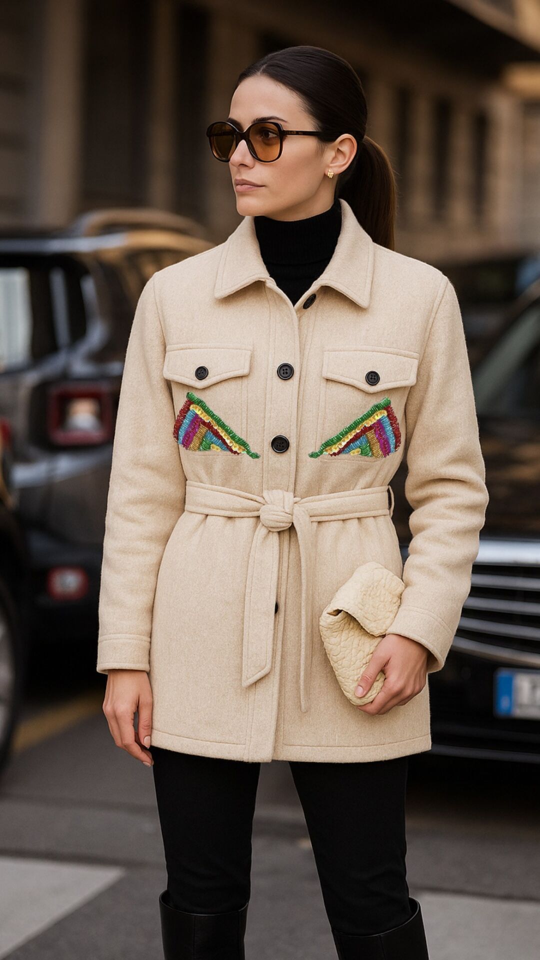 Renkli Cep İşlemeli Krem Renk Yünlü Kaşe Ceket