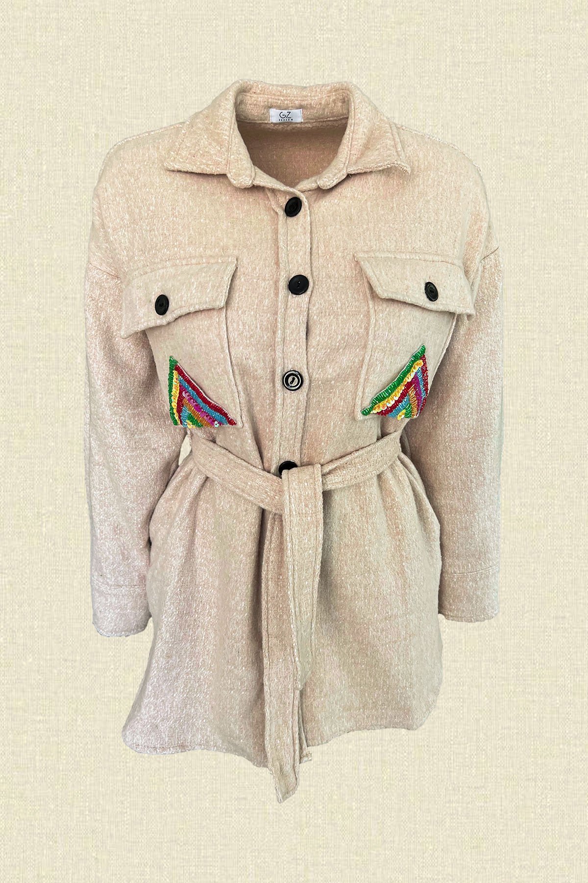 Renkli Cep İşlemeli Krem Renk Yünlü Kaşe Ceket