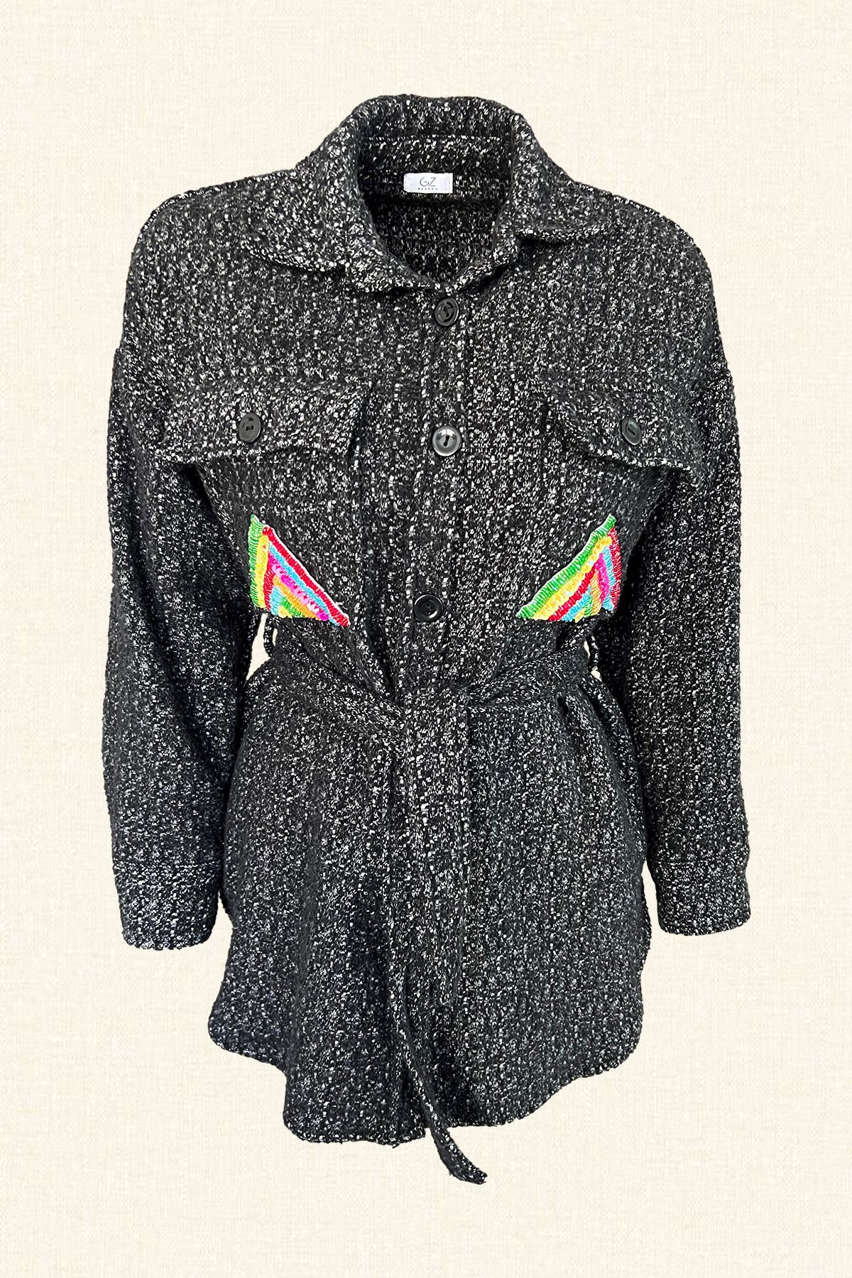 Renkli Cep İşlemeli Siyah Yünlü Kaşe Ceket