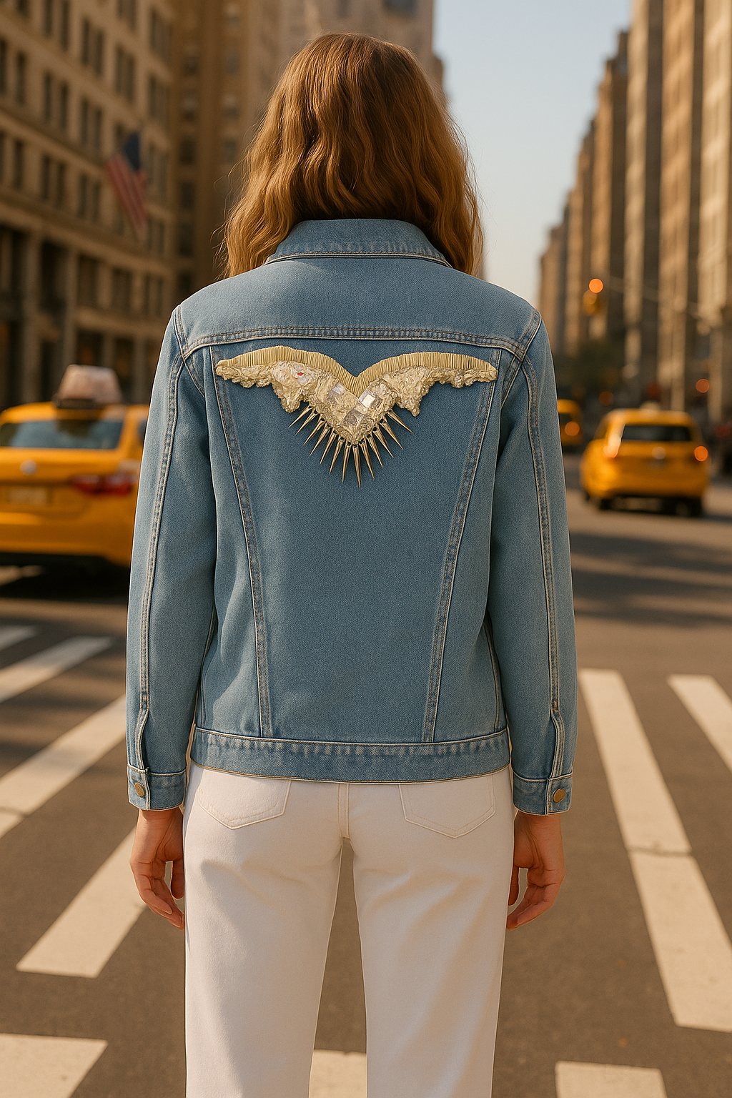 Gümüş Kanat İşlemeli Açık Renk Jean Ceket